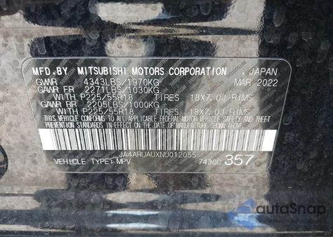 2022 Mitsubishi Outlander Sport 2.0 Be Awc/2.0 Es Awc/2.0 Le Awc/2.0 Se Awc/2.0 Se Special Edition Awc z USA, uszkodzony, nr VIN JA4ARUAUXNU012055